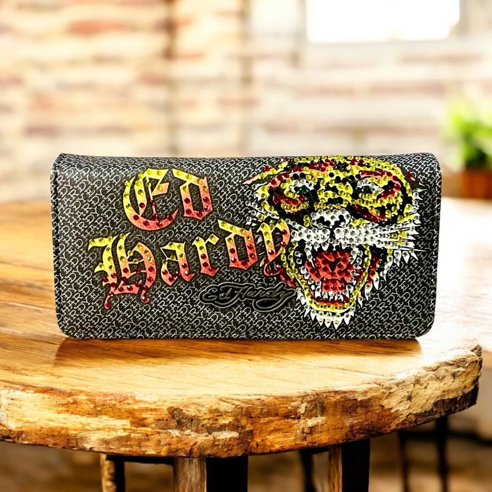 Ed Hardy Black Wallet with Red and Yellow Tiger Graphic
